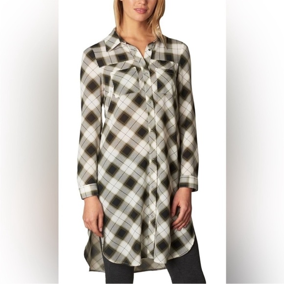 PRANA Flint Maxi Tunic Top in Charcoal Gray Plaid Flowy Mini Dress Size Medium - Picture 1 of 11